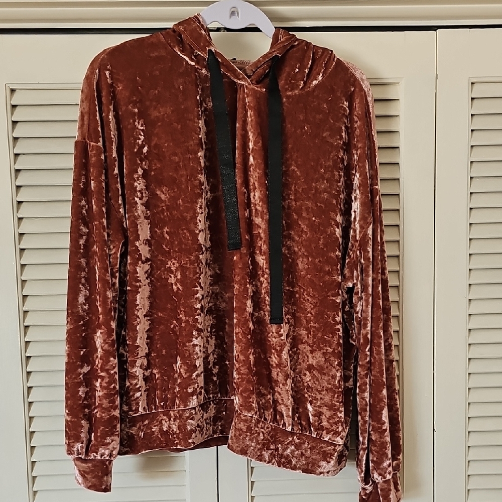 Velvet Hoodie with Black Drawstrings
